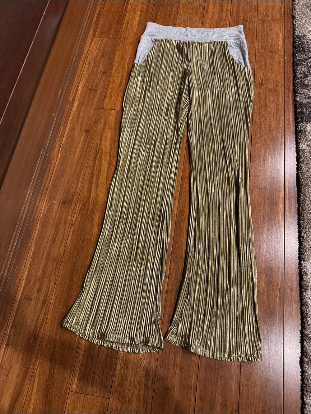 Gold Metallic Pleated Boot-Cut Pants with Gray Waistband